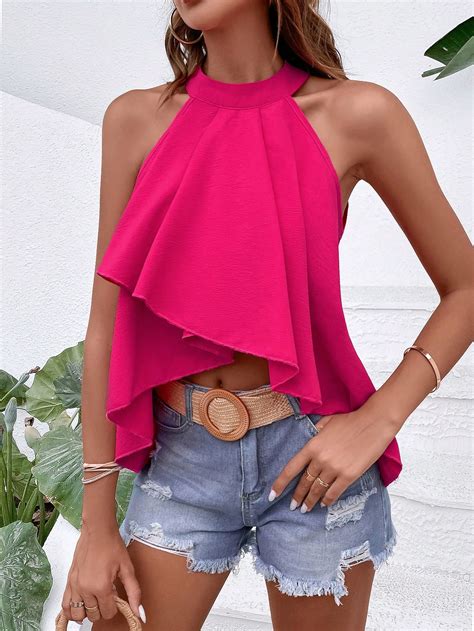 Shein Vcay Solid Asymmetrical Hem Halter Neck Blouse Shein Usa