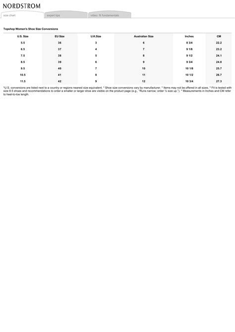 Women's Shoe Size Conversion Chart - Topshop Download Printable PDF | Templateroller