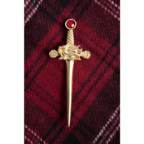 Gold Dragon Sword Kilt Pin Welsh Tartan