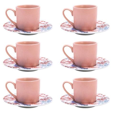 Jogo De Xícara Café Porcelana 12 Peças Pires 80ml Chá Hibisco Rosa