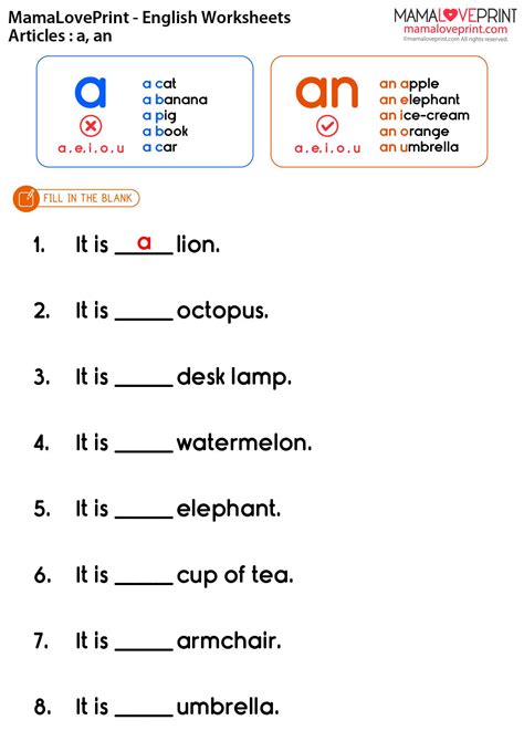 Mamaloveprint K English Worksheets Basic Grammar Articles A