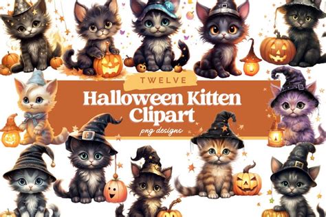 Watercolor Halloween Kitten Clipart, Halloween Cat PNG