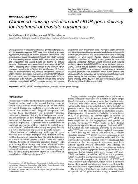 Pdf Combined Ionizing Radiation And Skdr Gene Delivery For Treatment Of Prostate Carcinomas