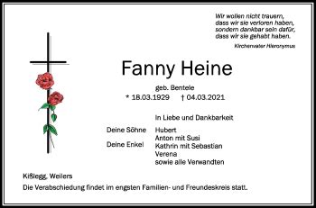 Traueranzeigen Von Fanny Heine Schwaebische De Trauerportal