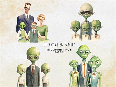 Quirky Alien Family Clip Art Set for Unique Greeting Cards, Commercial Use PNG, High-quality ...