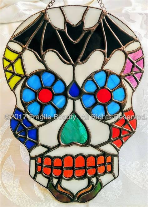 Sugar Skull Stained Glass Day Of The Dead Stained Glass Etsy