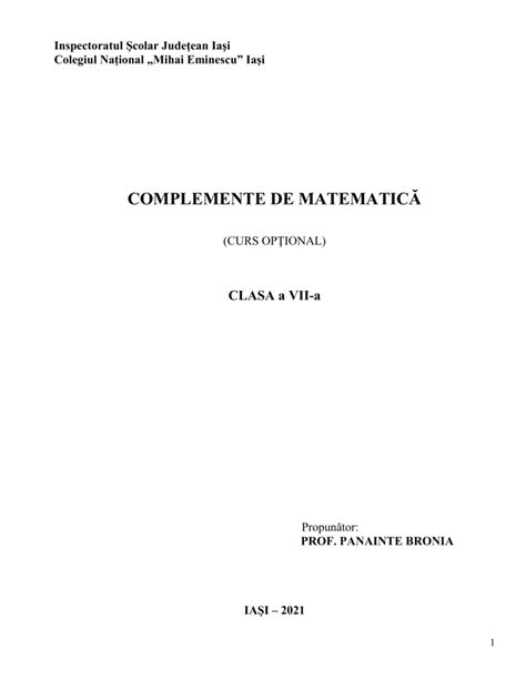 Complemente De Matematica Optional Clasa A VII A 2021 2022 GELU