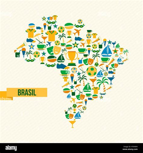 Brazil culture icons in country map shape. Includes sport elements for football game, carnival ...