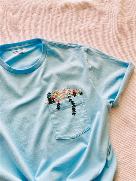 Hand Embroidered Floral Blue Pocket T Shirt Wildflower Etsy