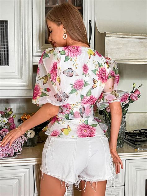 Embrulhar N Na Gola Floral Boho Blusa Shein Brasil