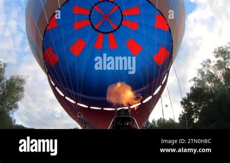 Filling Big Blue Red Balloon Hot Air From Burning Gas Flame Aerostat Blowing Up Inflation Hot