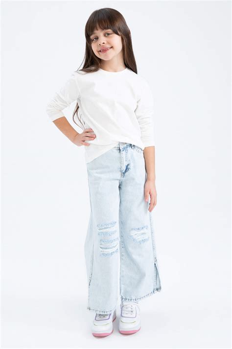 Blue Girls And Teens Girl Wide Leg Ripped Detailed Wide Leg Trousers