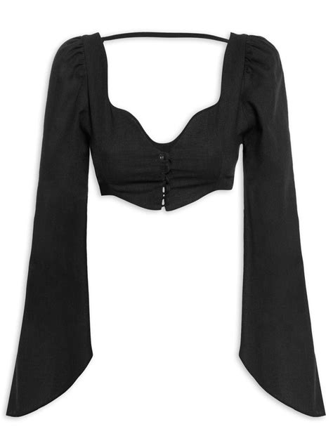 Blusa Cropped Feminina Manga Flare Market Preto Oqvestir