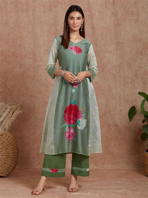 Buy Ivory Blue Printed Chanderi Silk Kurta With Cotton Pants Set Of