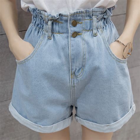 Four Color 2018 Summer College Wind Solid Denim Shorts Women Harajuku