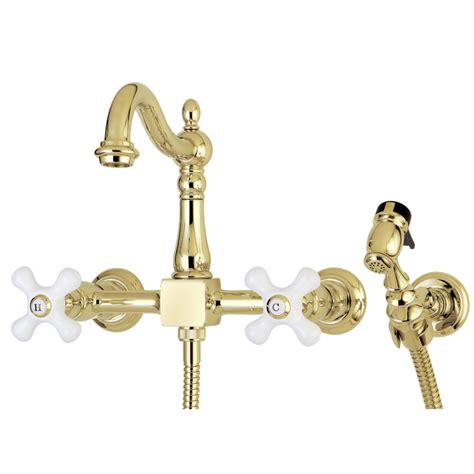 Kingston Brass Heritage 2 Handle Wall Mount Standard Kitchen Faucet With Side Sprayer In