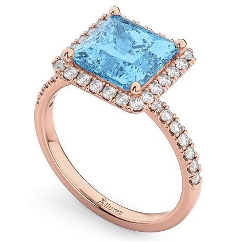 Princess Cut Halo Blue Topaz Diamond Engagement Ring 14K Rose Gold 3