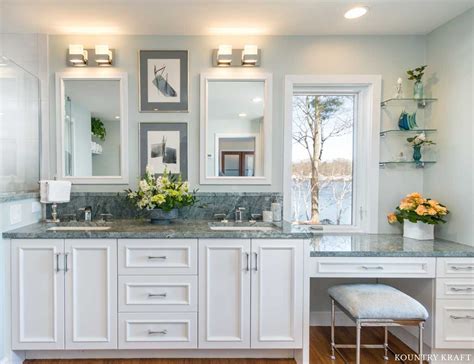 This Bathroom Features White Custom Bath Cabinets Neutral Cabinets ...