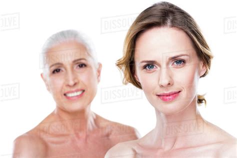 Naked Adult Daughter And Senior Mother Isolated On White Purity Concept Royalty Free Stock