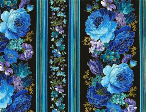 Black Blue Stripe Flower Gold Metallic Fabric By Timeless Treasures