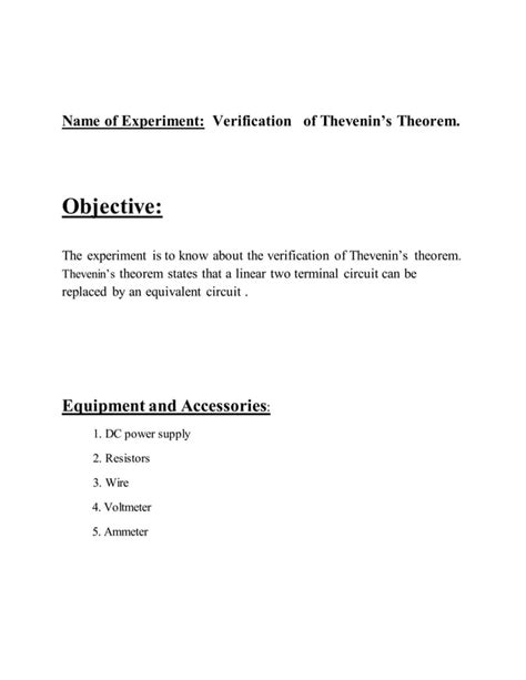 Verification Of Thevenins Theorem Lab Report Pdf