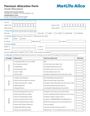 Fillable Online Metlife Premium Allocation Form Fund Allocation