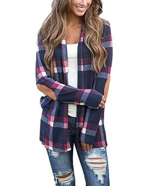 Women S Open Front Plaid Cardigan Sweater Shirt Tops With Elbow Patches Navy Hoodies Womens