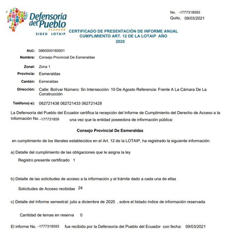 Certificado De PresentaciÓn De Informe Anual Cumplimiento Art 12 De La