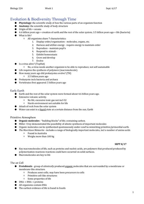 Biol Course Notes Part Biology Week Sept