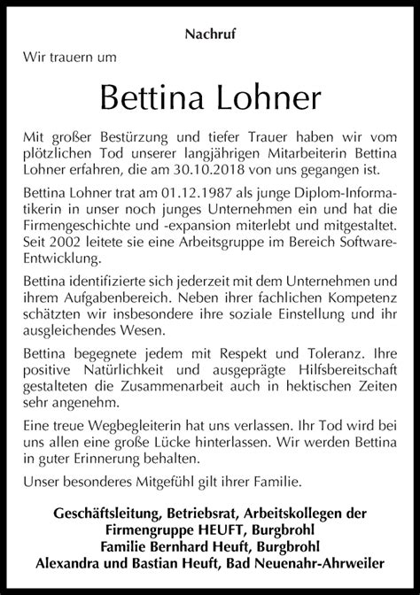 Traueranzeigen Von Bettina Lohner Rz Trauer De