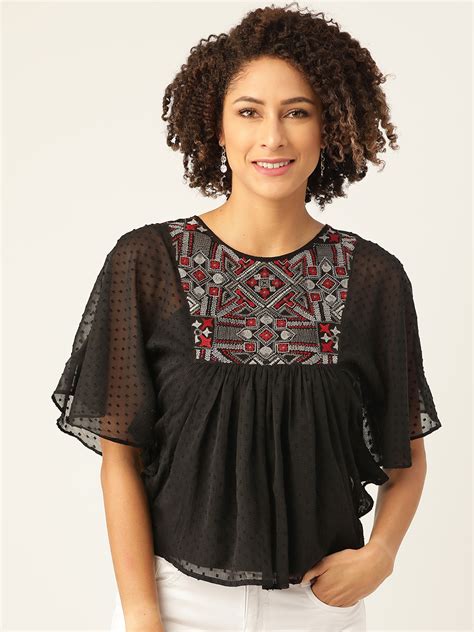 Buy Antheaa Black And Grey Dobby Weave Embroidered Batwing Sleeves