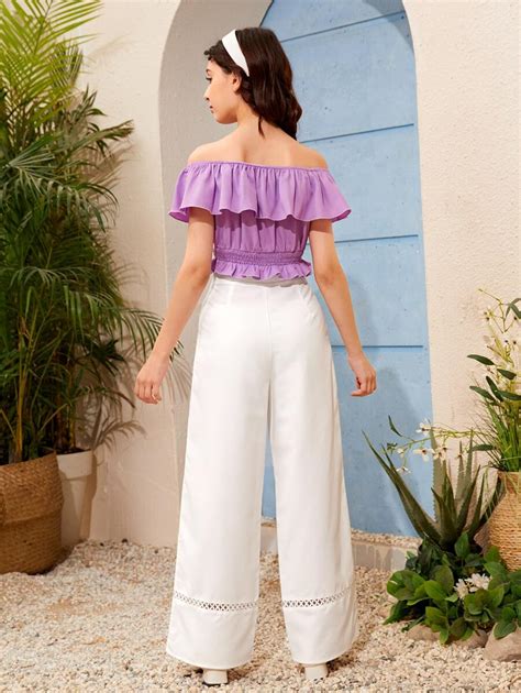 Shein Teen Girls Off Shoulder Ruffle Trim Shirred Peplum Top Pants