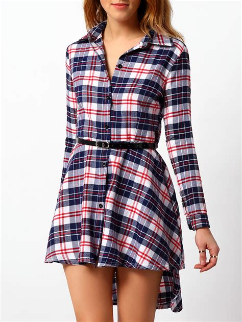 Blue Red Long Sleeve Plaid Shirt Dress Shein Sheinside