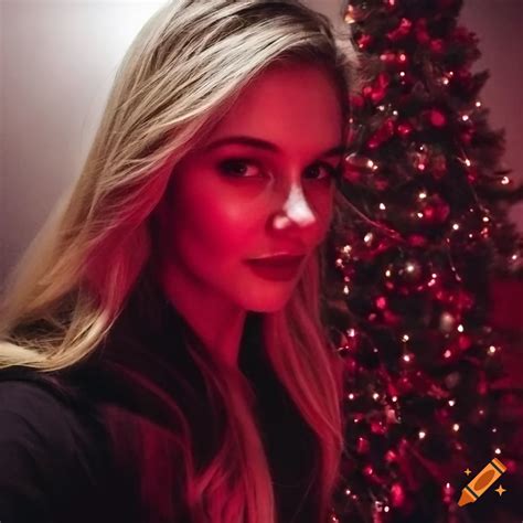 Blonde Swedish Woman Taking A Selfie In A Dark Bedroom With A Christmas