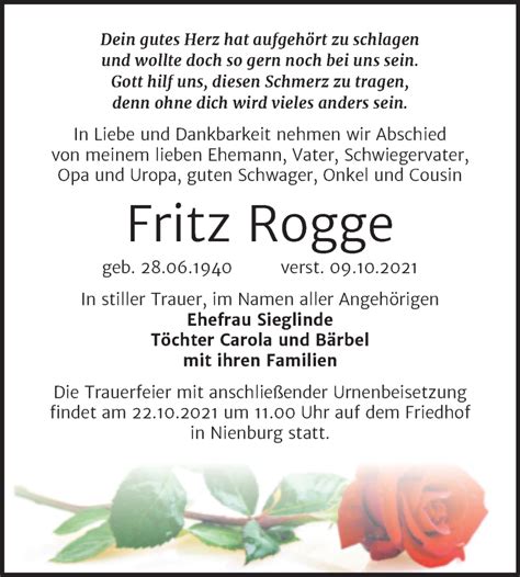 Traueranzeigen Von Fritz Rogge Abschied Nehmen De