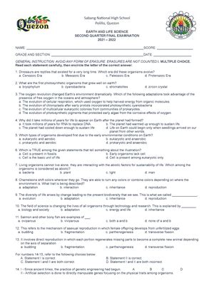 Copy Of Updated Second Quarter EXAM In Earth And Life Science