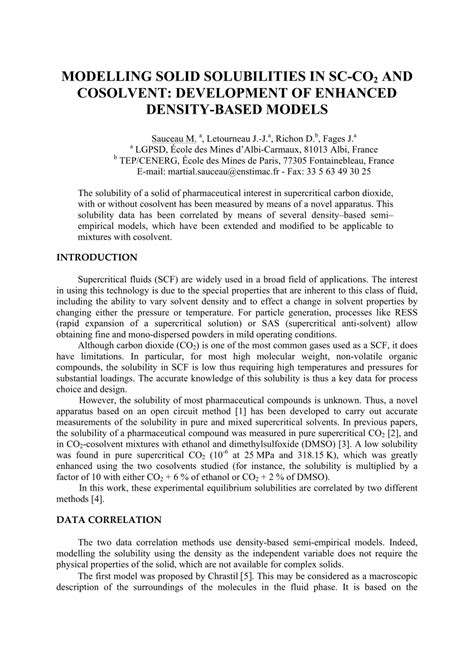 PDF MODELLING SOLID SOLUBILITIES IN SC CO2 AND COSOLVENT DEVELOPMENT