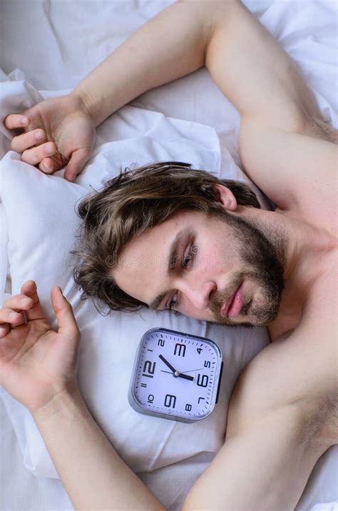 Man Unshaven Lay Bed With Alarm Clock Stick Sleep Schedule Same