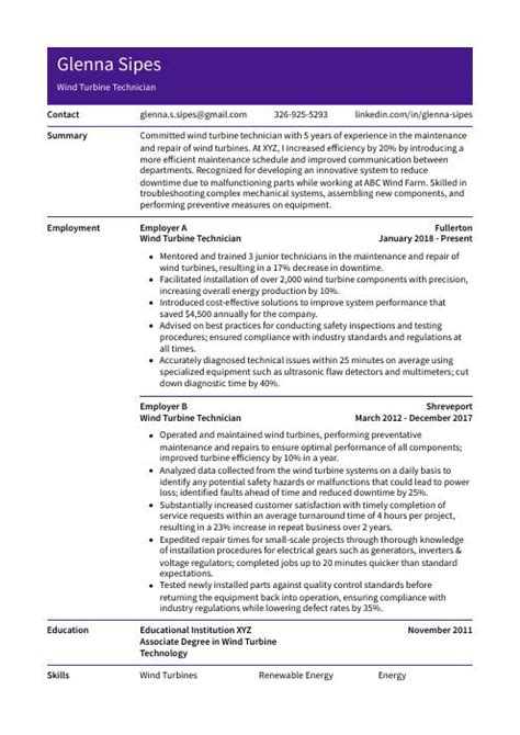 Wind Turbine Technician Resume (CV) Example and Writing Guide