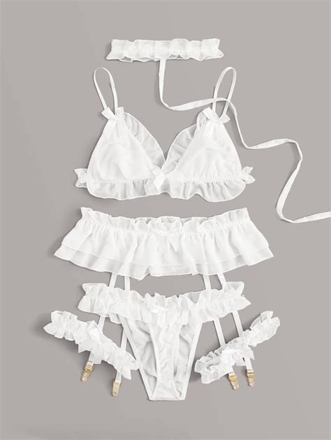 Ruffle Trim Garter Lingerie Set With Choker Shein Usa