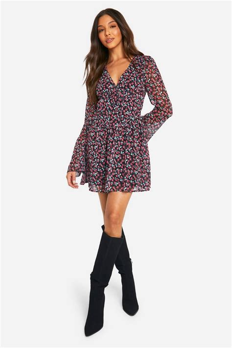 Chiffon Floral Print Puff Sleeve Milkmaid Skater Dress Boohoo Uk