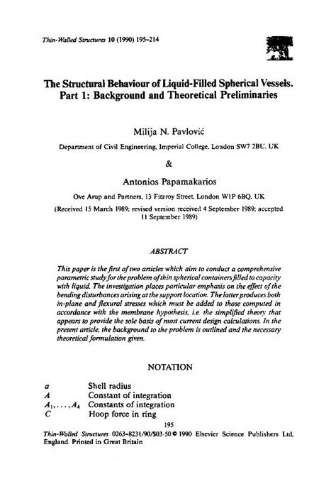 PDF The Structural Behaviour Of Liquid Filled Spherical Vessels Part