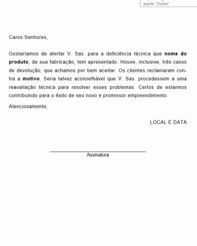 Termo Padrão de Reclamação de Produto Defeituoso Revendedor Modelo