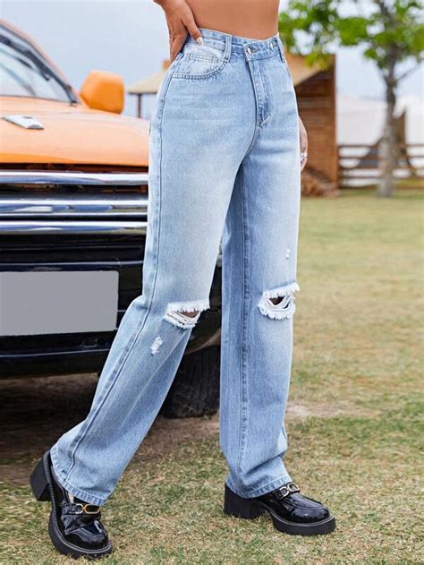 High Waist Ripped Straight Leg Jeans Shein Usa