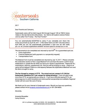 Fillable Online Dear Parents And Campers Easterseals Camp Will Be