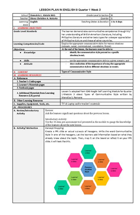 G9 Q1 Week3 Communicative Styles - LESSON PLAN IN ENGLISH 9 Quarter 1