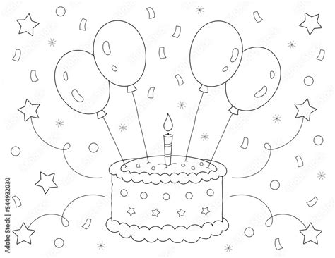 birthday cake and balloons coloring page Stock Illustration | Adobe Stock