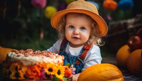 Premium AI Image Cute Baby Girl Smiling Enjoying Pumpkin Dessert On