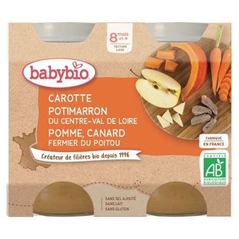 Petit pot bébé dès 8 mois carotte canard BABYBIO les 2 pots de 200 g