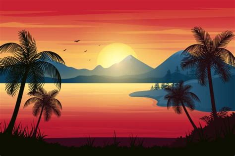 Tropical Sunset Beach With Palm Trees Graphic By Astira · Creative Fabrica